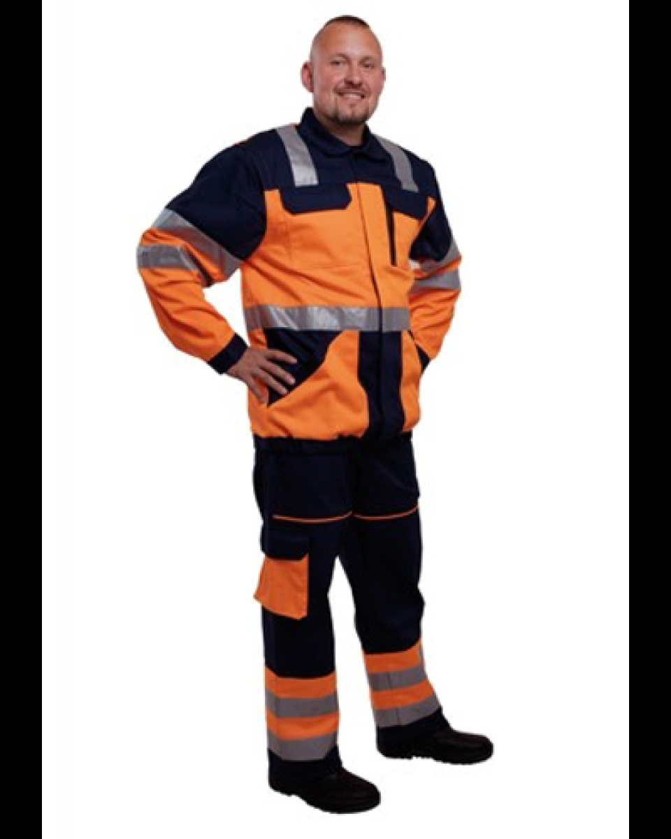 Levně Kalhoty pán. prac. pas, 8732,reflex,stehenní kapsa,pruženka, BA 245, VS182, tm.modré/sign.oranžová