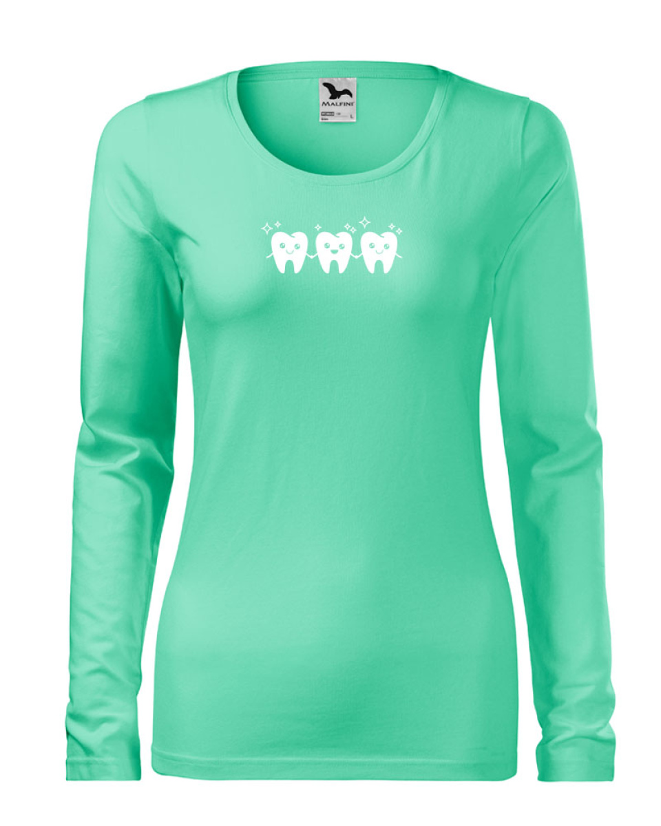 Levně Triko dámské SLIM 139 - XS- XXL - mátová / Bílý potisk ZUBY SÍTO