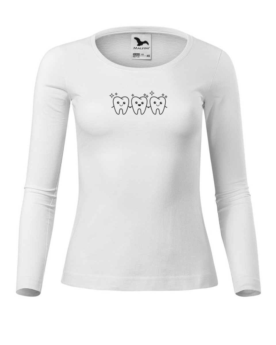 Levně Dámské triko FIT-LS 169 XS-XXL - bílá / černý potisk ZUBY SÍTO