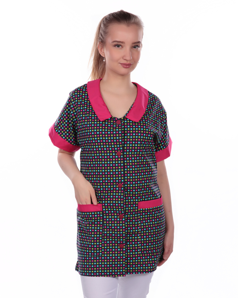 Levně Halena dám. prac. propínací, 0289, kimono rukáv, BA 130, VS170, barevný puntík tmavý/ tm.růžová